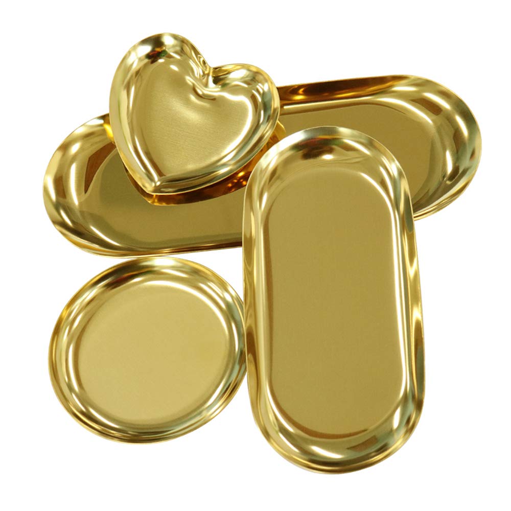 4Pcs Gold Stainless Steel Tray, Round Tea Plate, Heart Shape Ring Jewelry Holder Cosmetics Organizer , Large and Small Oval Towel Tray, Storage Dish for Hotel Bathroom and Jewelry Display (Gold Tray)