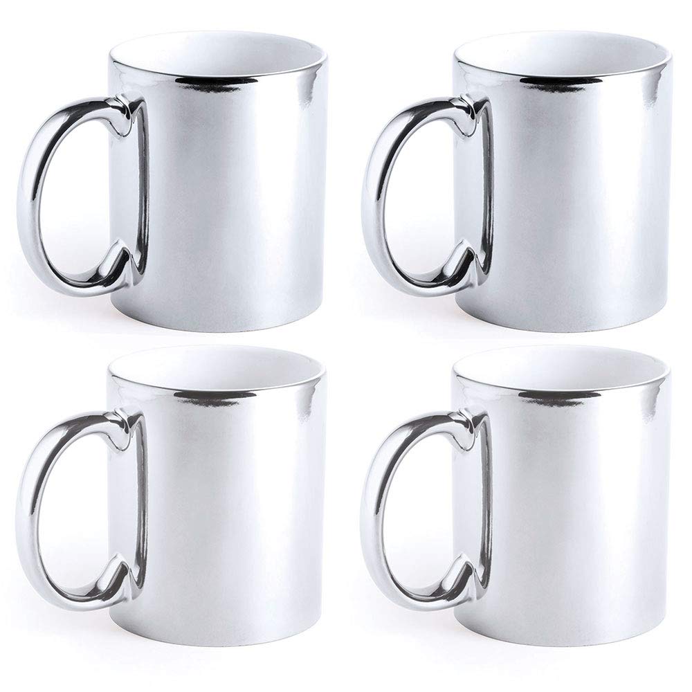 eBuyGB Metallic Large 350ml Ceramic Tea Coffee Mugs, Set of 4 (Silver)