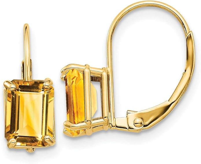 Emerald Cut Natural Citrine Leverback Earrings in Real 14k Yellow Gold 7x5mm Jewelry