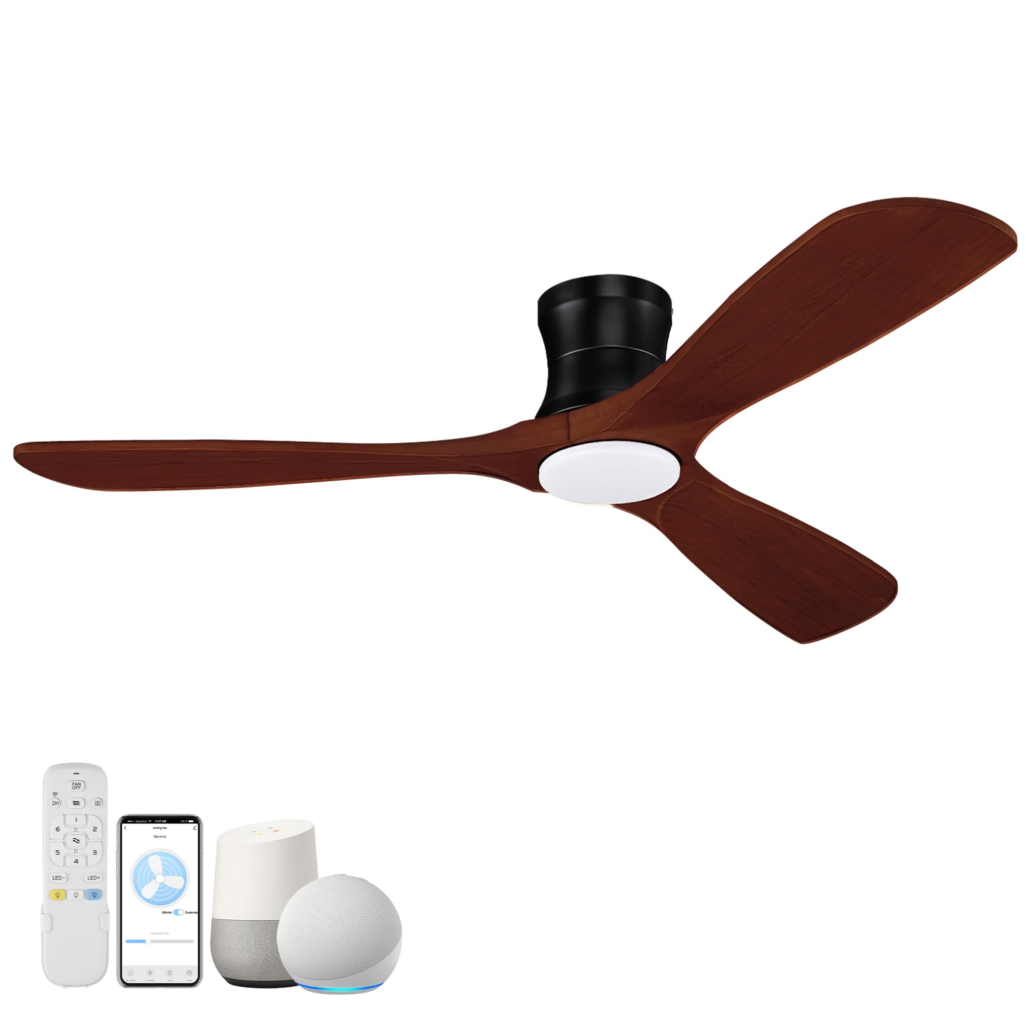 Hoenofly 52” Smart Wood Flush Mount Ceiling Fans with Lights Remote,Quiet DC Motor,Outdoor Indoor Low Profile Ceiling Fan,Voice WIFI Alexa App Control,Dimmable,6-speed,for Modern Bedroom Patio