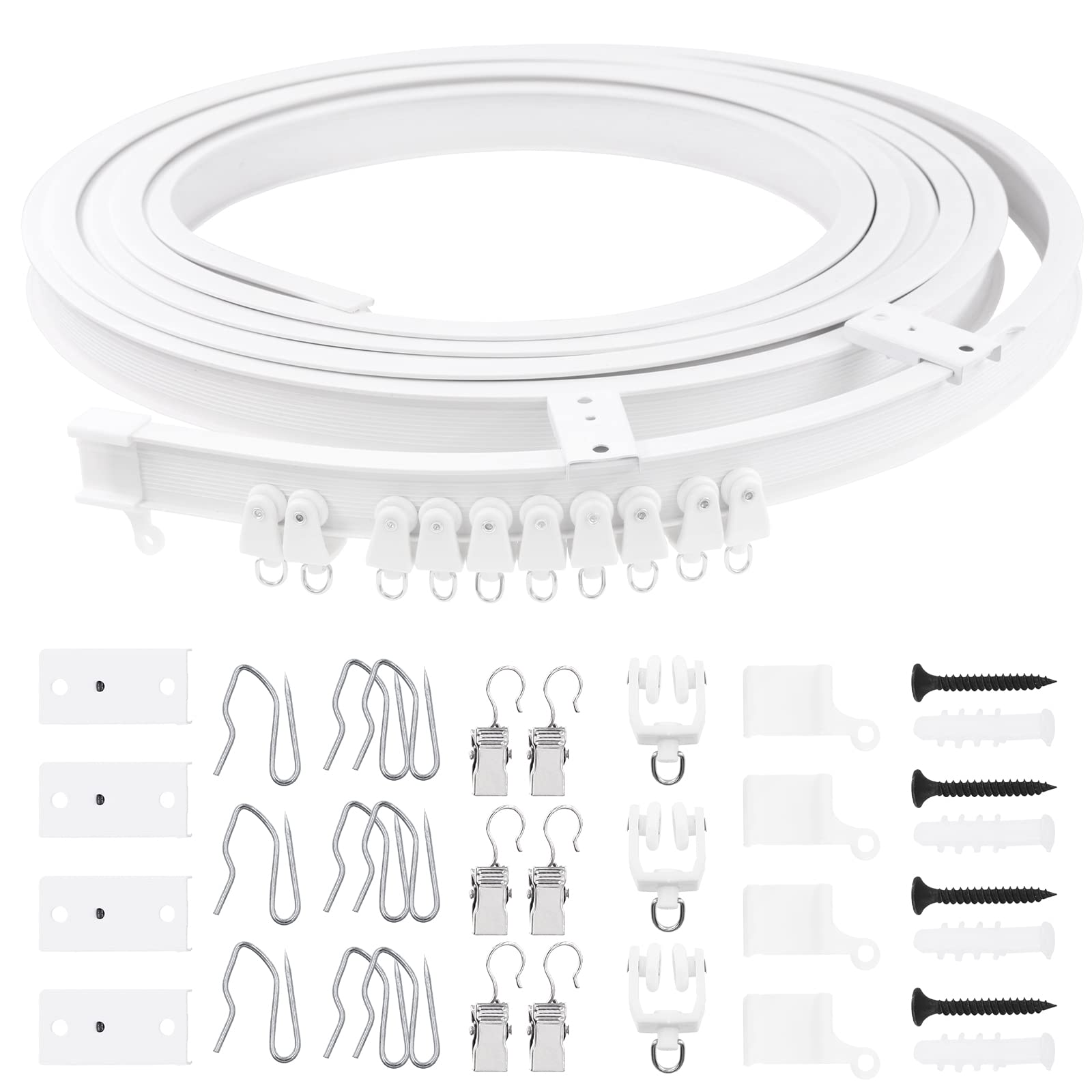 Glarks 155Pcs 5M/16.4ft White Bendable Curved Ceiling Curtain Track Set, Includes 40Pcs 3.5CM Curtain Hooks, 40Pcs Curtain Clips for U Shape L Shape Shower Curtains Bay Window Room Divider