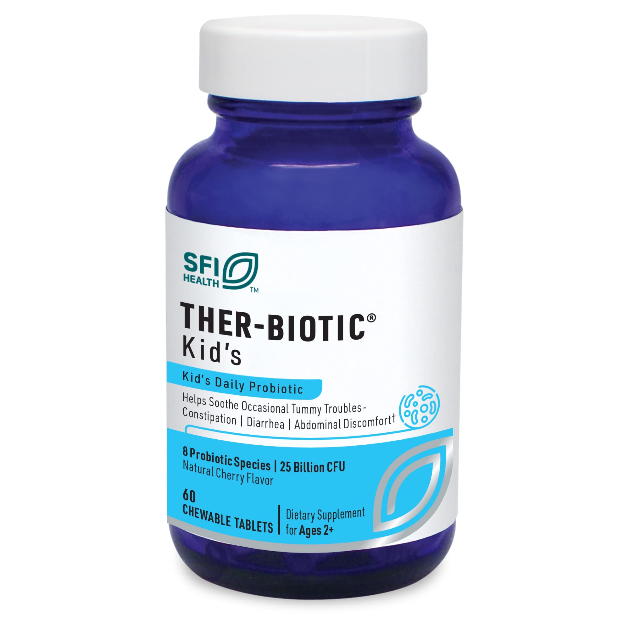 Klaire Labs SFI Health Ther-Biotic Kids Probiotic Chewables - Hypoallergenic Probiotics for Kids - 25 Billion CFU in Prebiotic Inulin - Cherry-Flavored (60 Chewable Tablets)