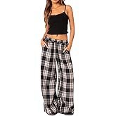 Women's Y2k Plaid Wide Leg Pants Gingham High Rise Pajama Bottoms Elastic Waist Loose Lounge Pants Casual Trousers