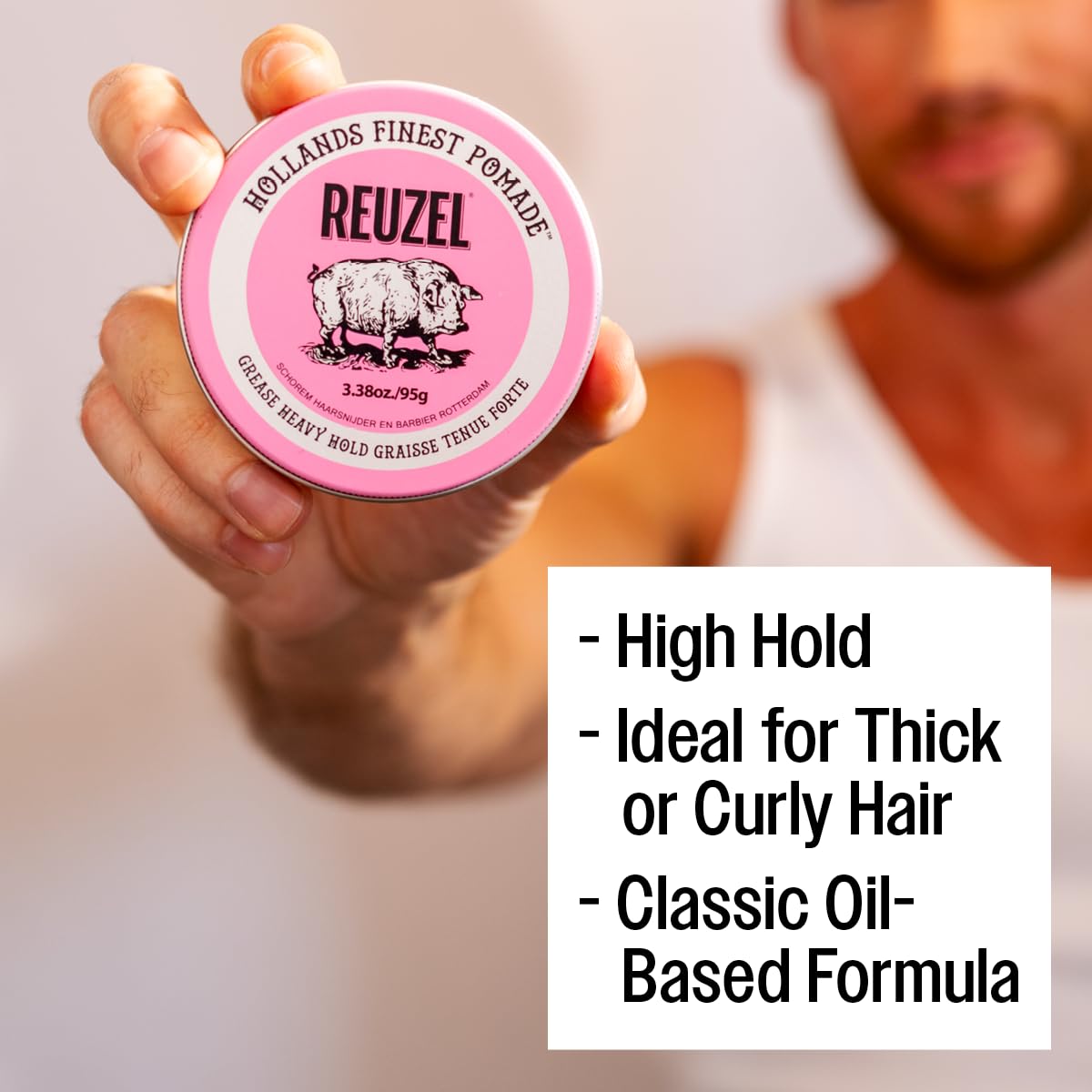 REUZEL Pink Grease Pomade, Strong All Day Hold, Oil-Based Styling Wax, Medium Shine