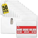 1InTheOffice Name Badge Holder with Clip 3x4, Clear Name Tag Holder and Metal Clips, Plastic, White Inserts, (50 Pack)
