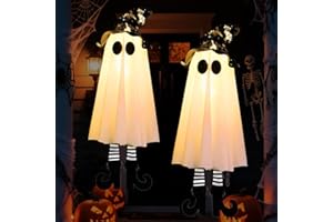 LIFNATTY Halloween Decor Hanging Ghost Lights, Battery Operated Cute Floating Ghost Decor with Witch Hat & Striped Legs, 3 Light Modes – Indoor Outdoor Halloween Home Party Porch Yard Tree Decor (Set of 2)