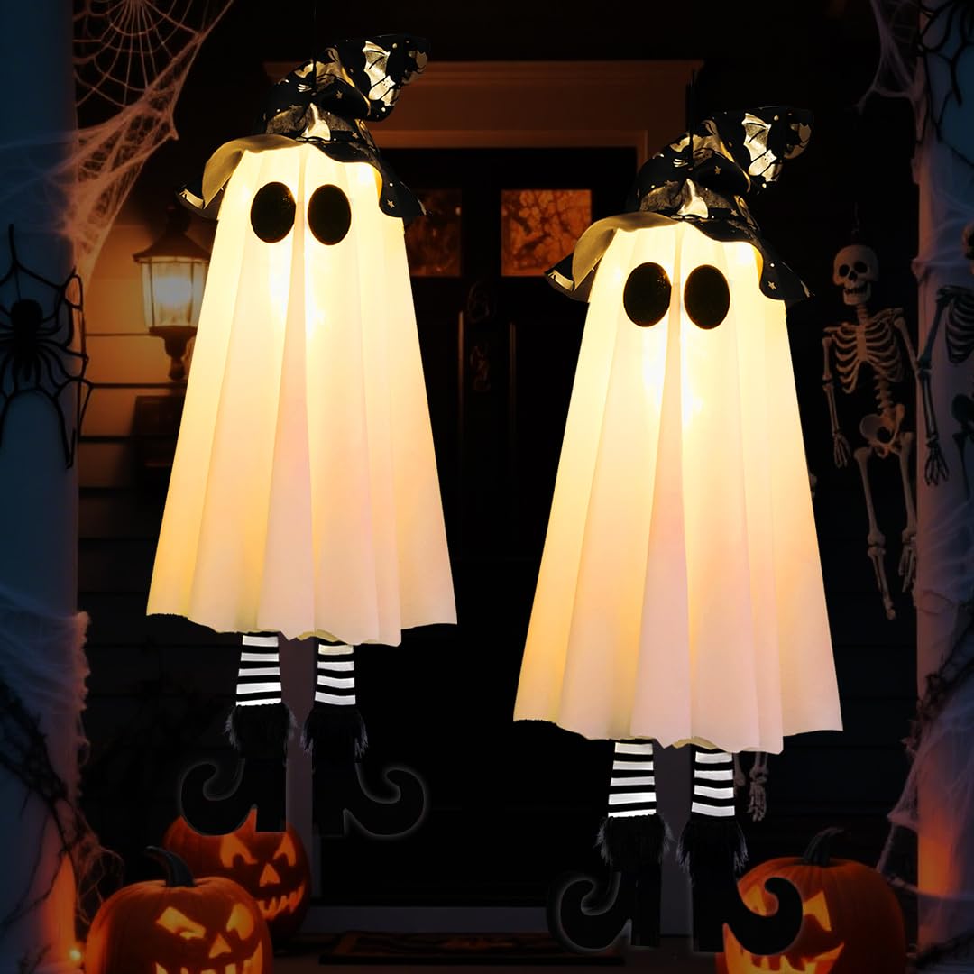 Photo 1 of Halloween Decor Hanging Ghost Lights, Battery Operated Cute Floating Ghost Decor with Witch Hat & Striped Legs, 3 Light Modes – Indoor Outdoor Halloween Home Party Porch Yard Tree Decor (Set of 2)