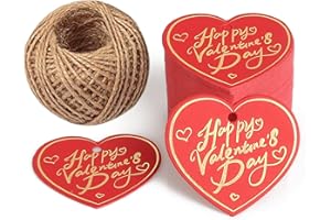 LAOBAN Gift Wrap Tags,100pcs Paper Heart-Shaped Happy Valentine's Day Tags with Natural Jute Twine for Gift Bags and DIY Projec (Red)