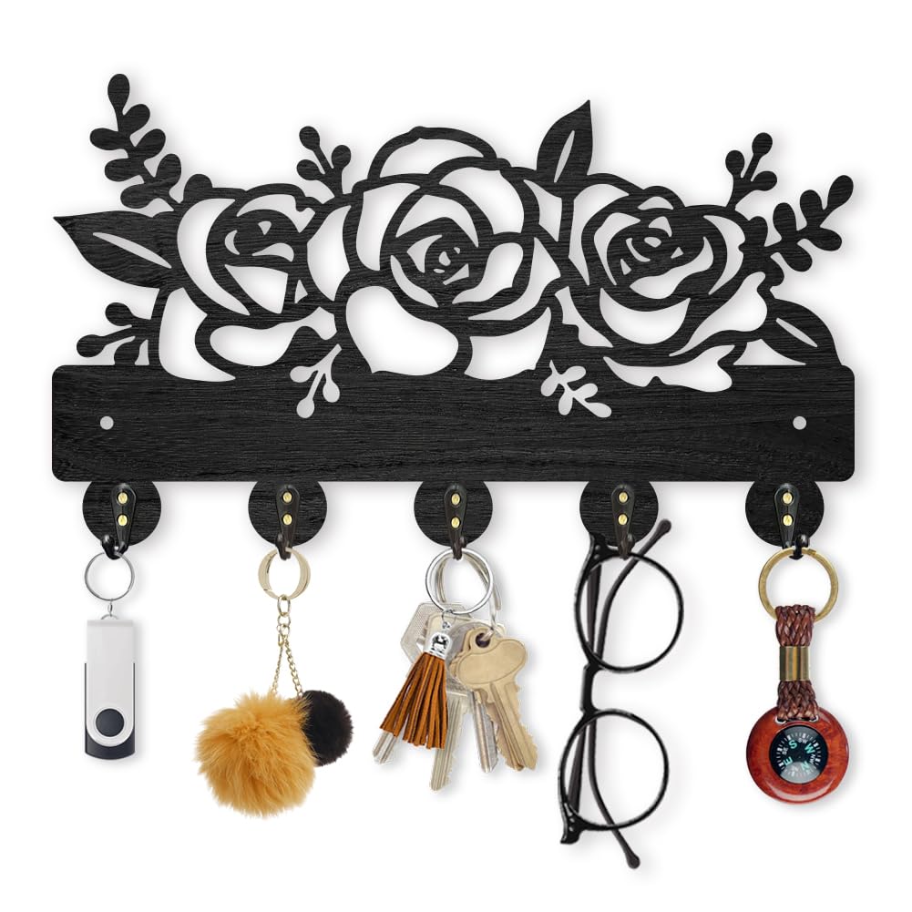 MAYJOYDIY Rose Flower Key Hooks Wall Mounted 30×17.7cm Flower Plant Key Holder for Wall Decorative Key Rack Hanger with 5 Metal Hooks for Entryway Doorway Home Decor Gift