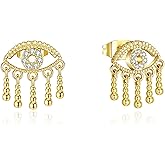 14K Gold Plated Evil Eye Stud Earrings | Diamond Accent Evil Eye with Tear Statement Earrings