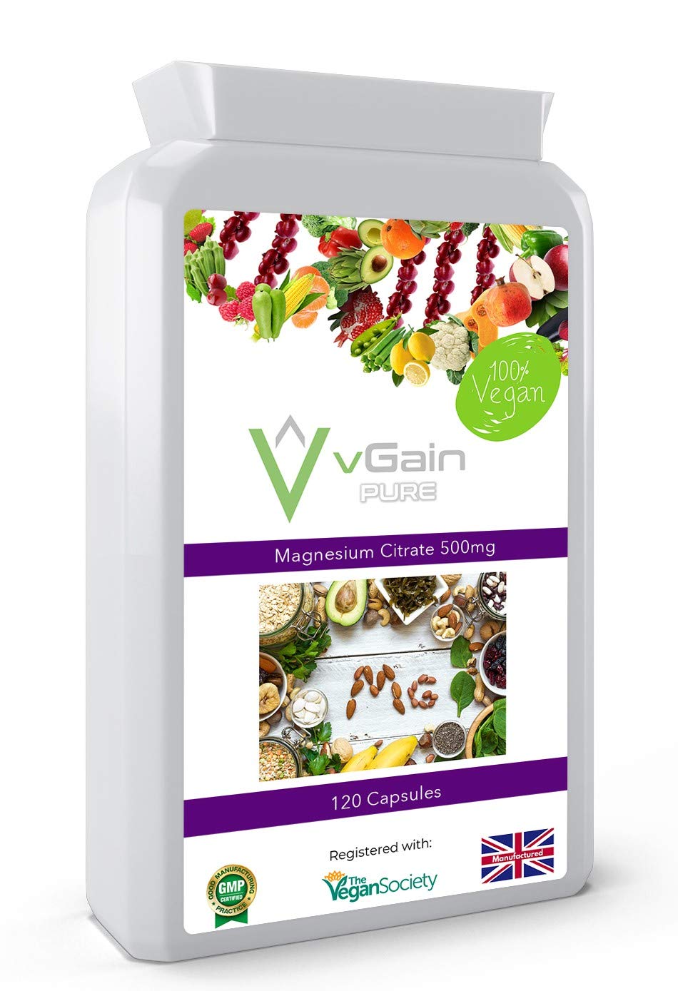 Magnesium Citrate Capsules Providing Buffered Elemental Magnesium Per Serving by vGain PURE - Certified Vegan by The Vegan Society - Easily Absorbed Active Magnesium in Natural Form - for Men & Women