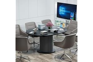 FIOGMUB 43.3 inch 59 inch Adjustable Size Round Conference Table for 4-6 People, Unique Design Modern Meeting Room Table, with Wood Strip Base (Black)