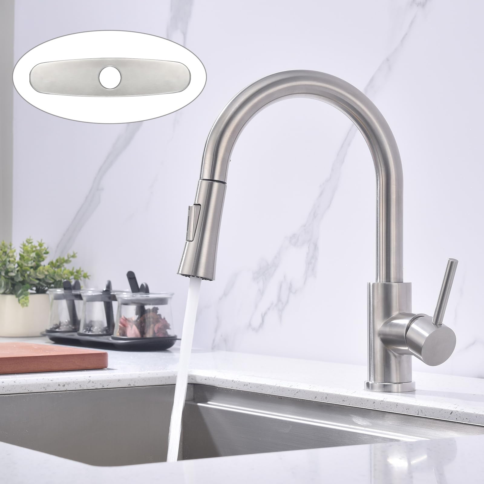 Photo 1 of SevenGelok Kitchen Faucet with Pull Down Sprayer SUS304 Stainless Steel High Arc Brushed Nickel Pull Out Kitchen Sink Faucets Utility Laundry Farmhouse Camper Rv Modern for 1 or 3 Hole Sink, KF1-BN