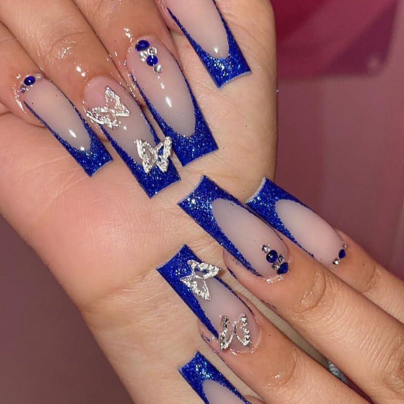 IMSOHOT Long Press on Nails Coffin French Tip Fake Nails Blue Butterfly Rhinestone False Nails with Designs Full Cover Acrylic Nails Glossy Glitter Glue on Nail for Women 24pcs - Image 4