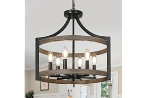 WBinDX 6-Light Farmhouse Chandelier, Metal Faux Wood Hanging Pendant Lighting, Convertible Semi Flush Mount Ceiling Light Fixture Rustic Black Chandeliers for Dining Room Kitchen Foyer Entryway