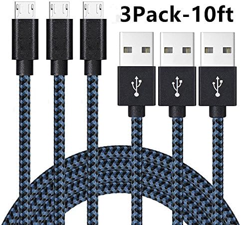 AOSON Micro USB Cable [3pcs 10ft] Braided Fast Charger Cordsfor Samsung USB Cables/Android Cables - Micro USB Charging Cables for Galaxy S7/S6/S5,Note 5/4/3,HTC,LG,Nexus Sony (3X10ft Black Blue)