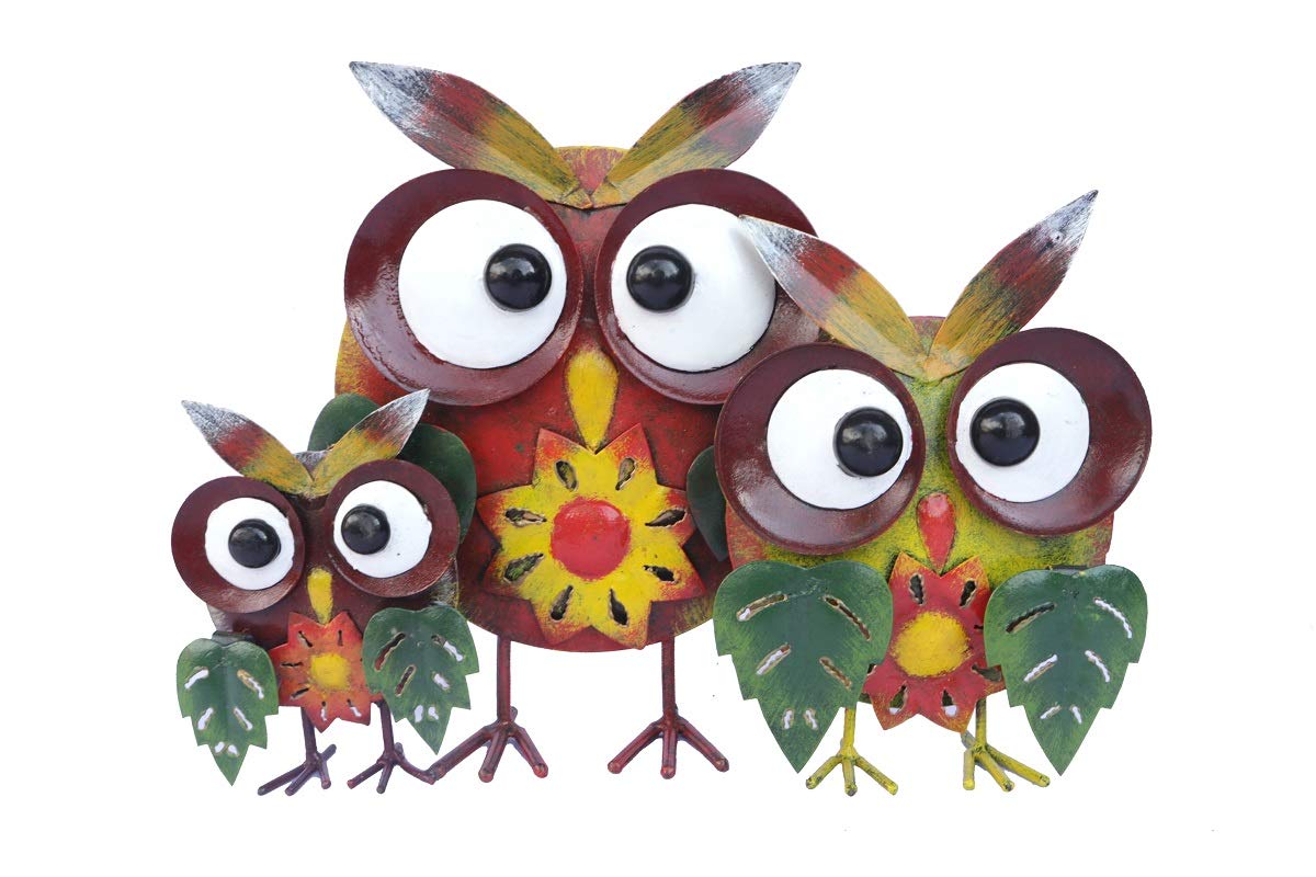 SK Style Garden Sculpture - Metal Owl Family Statue Ornament