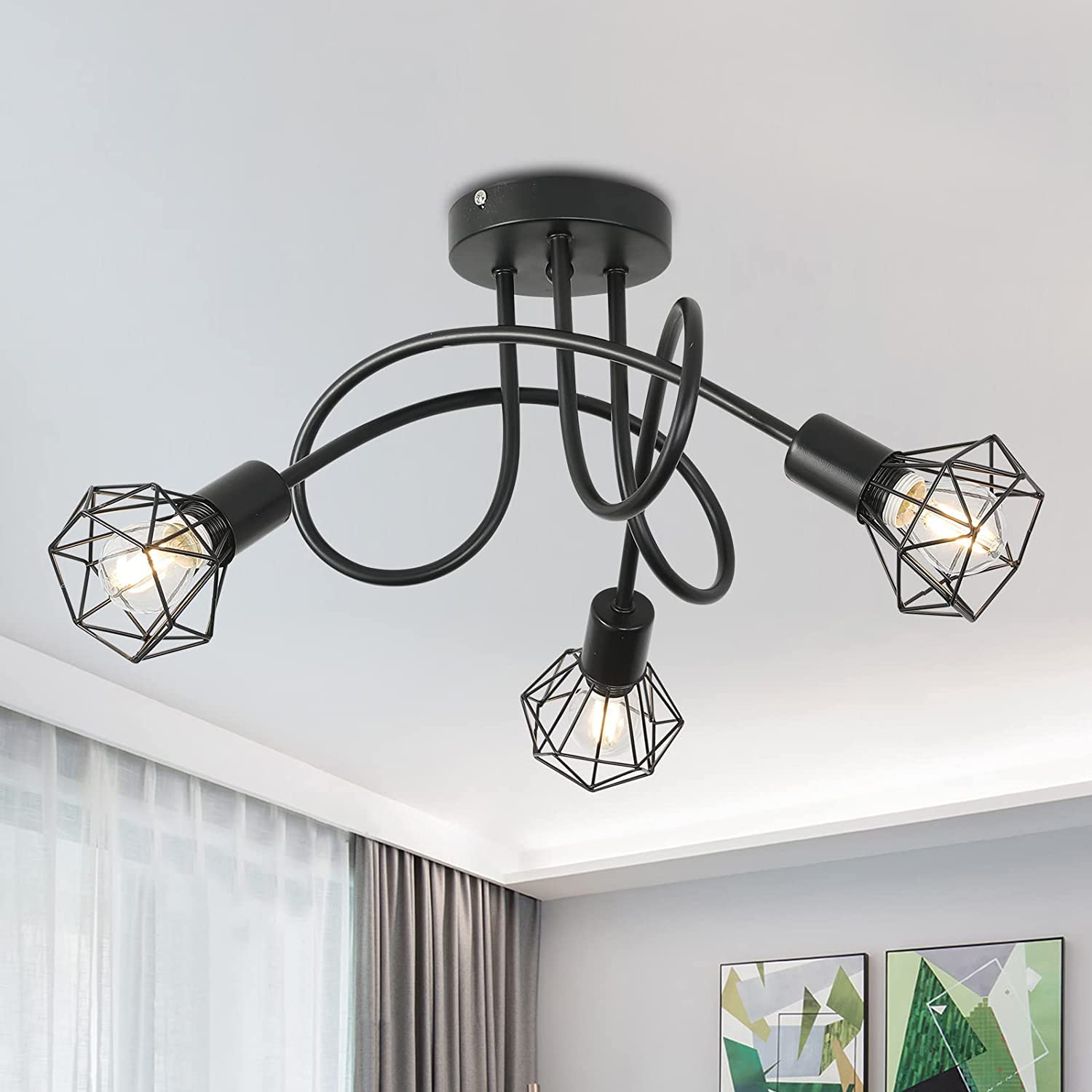 Beleben 3 Way Black Kitchen Ceiling Light Retro Spotlight Fitting Metal Cage Design Industrial Chandeliers Flush Mount Fixture with E14 Base for Living Room Hallway Lounge (Bulbs Not Included)