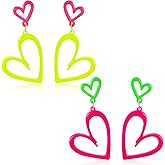 2 Pair Neon Heart Earrings, Acrylic Neon 80s 90s Outfit for Women, Glow Party Accessories Gifts Hot Pink & Yellow
