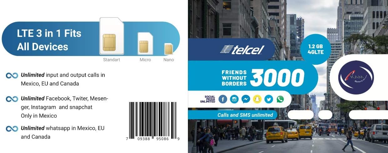Data Unlimited Mexico  Card SMS SIM Universal 3GB and and SIM Calls Telcel with Prepaid