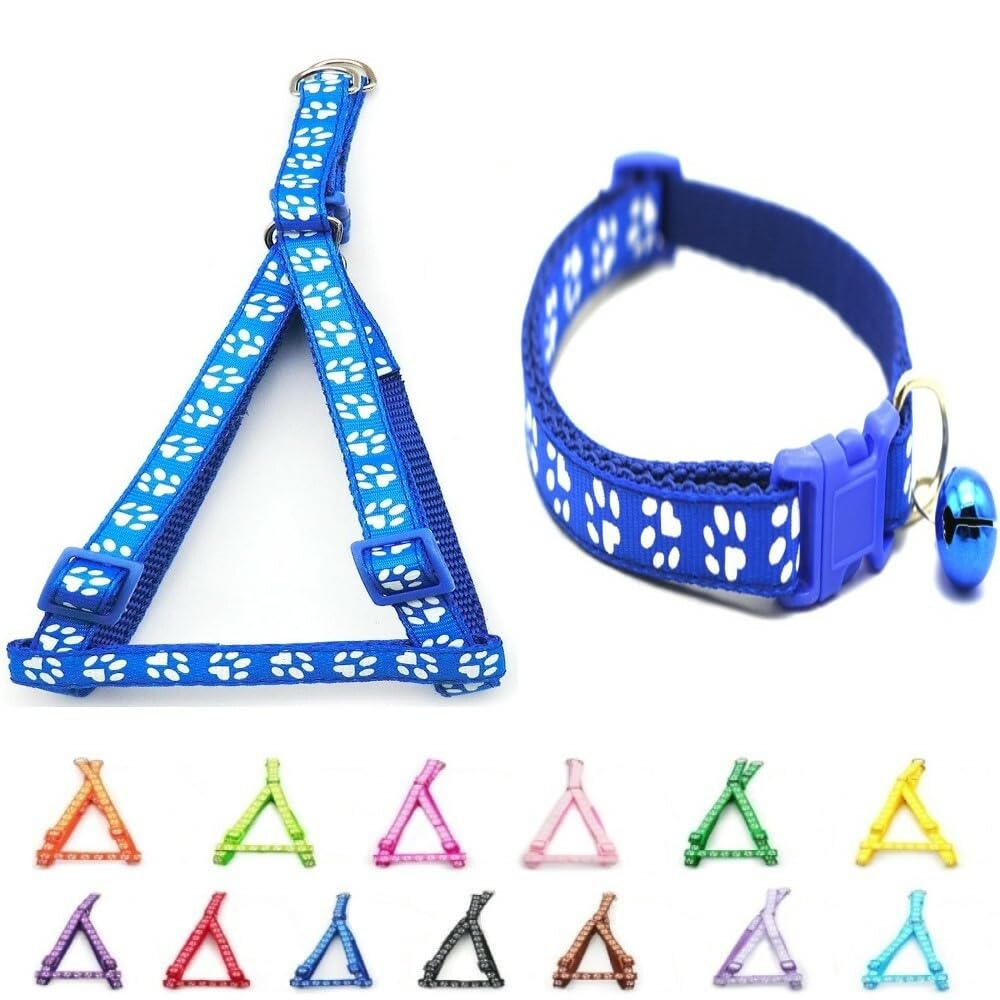 Small Dog Puppy Pet Collar and Harness Set Pawprint Design Nylon Adjustable Neck Size 19-32cm and Chest Size 21-34cm Blue