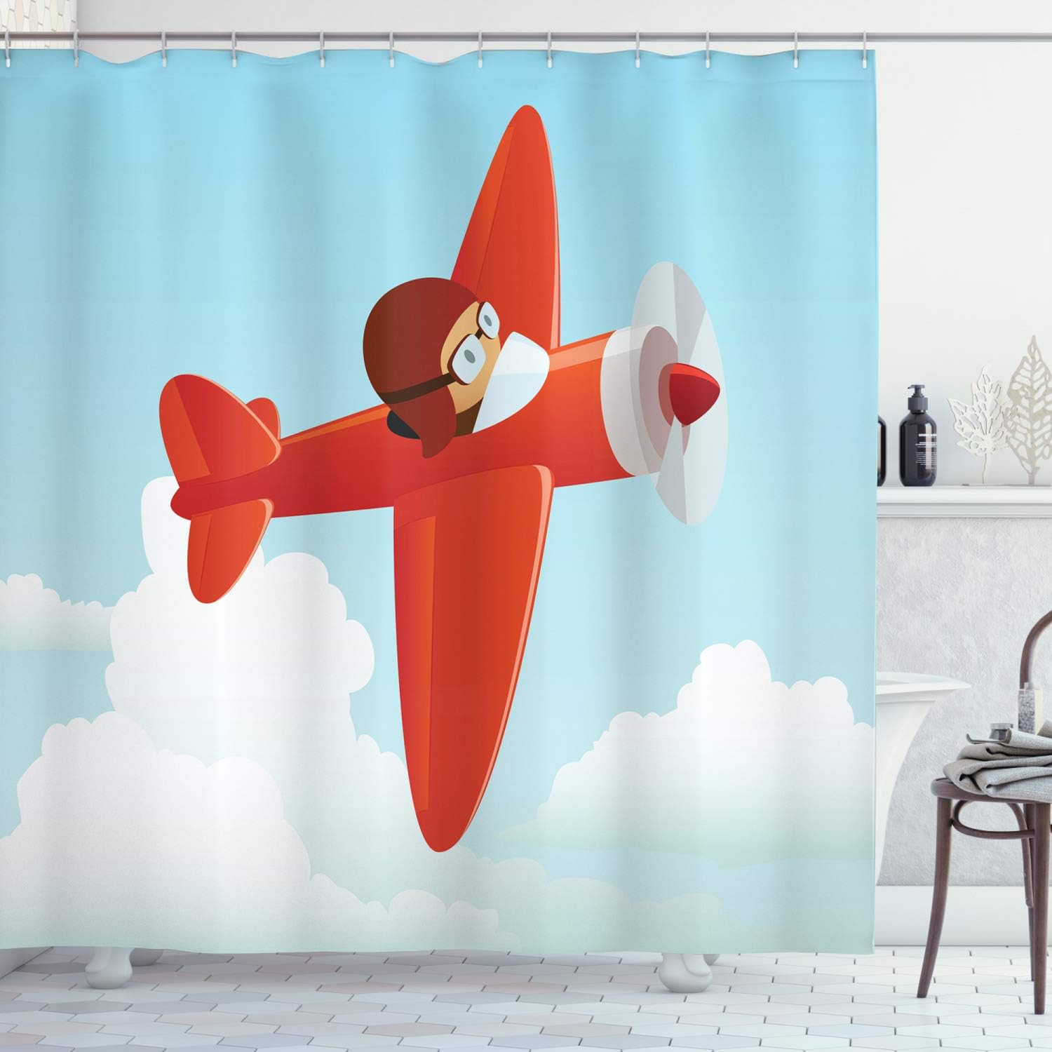 Amazon Com Ambesonne Plane Shower Curtain Airplane Flying In The Cloudy Sky Little Boy Pilot Baby Children Cartoon Print Cloth Fabric Bathroom Decor Set With Hooks 84 Long Extra Orange Blue Home
