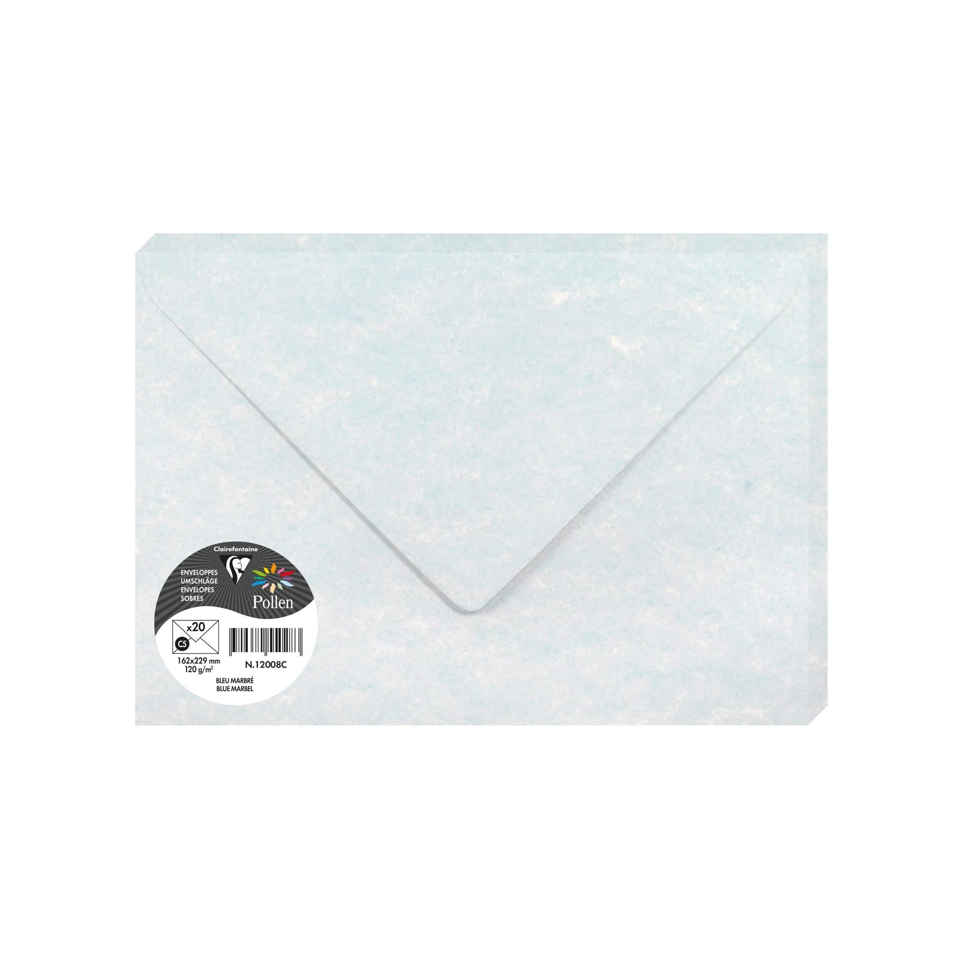 Clairefontaine 120008C Pack of 20 Gummed Envelopes Size C5 16,2x22,9cm 120gsm Colour Marbled Blue Event & Correspondence Invitations Pollen Range Premium Paper