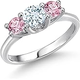 Gem Stone King 14K White Gold Sky Blue Aquamarine & Pink Lab Grown Diamond 3-Stone Engagement Ring | 1.00 Cttw | Round 5MM and 4MM | 3 Stone Wedding Anniversary Promise Ring For Women