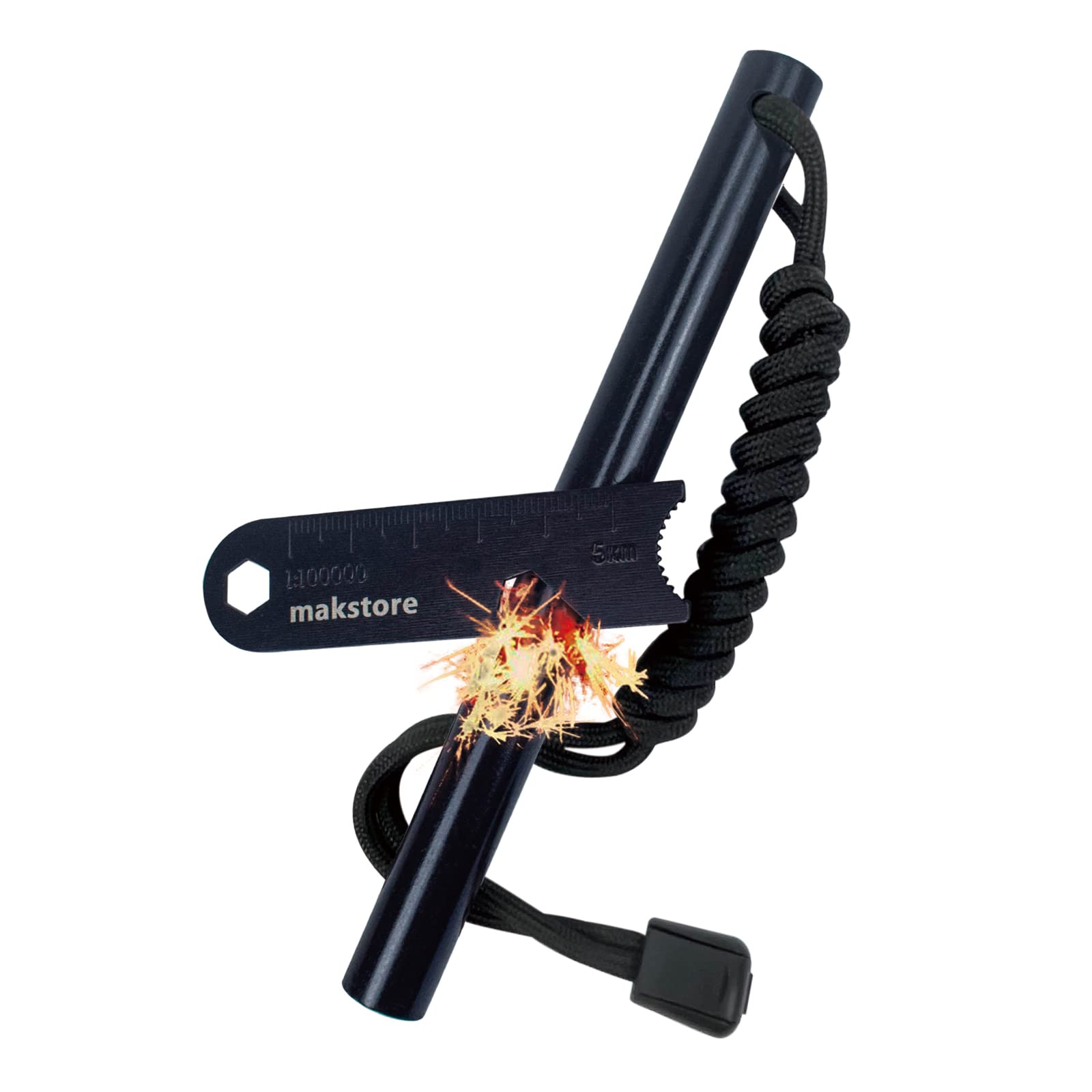 makstore 6 x 1/2 Inch Survival Ferro Rod - Flint and Steel Kit - Fire Starter with Paracord Landyard Handle and Striker (Black)