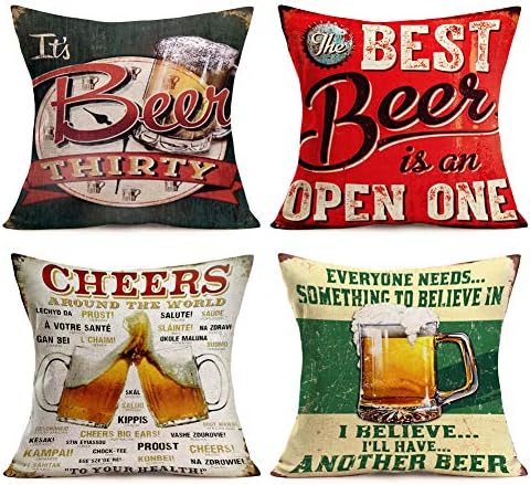 Throw Pillow Covers Beer Classical Quote Lettering Series Throw Pillows Cases 18 x 18 Inch Set of 4 Cotton Linen Vintage Rustic Icons Decorative Pillow Covers Cushion Case for Home Sofa (Beer Set)