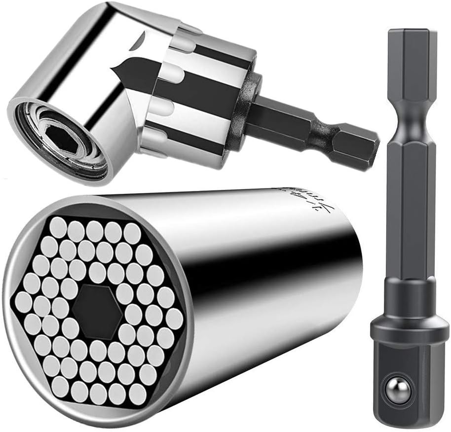 CIGOTU Universal Socket, 7mm-19mm Multifunctional Cordless Ratchet Adapter Socket Wrench Set, Impact Grade Driver Sockets Adapter Extension Set, Screwdriver Set Hex Bit + 105 Degree Right Angle Drill