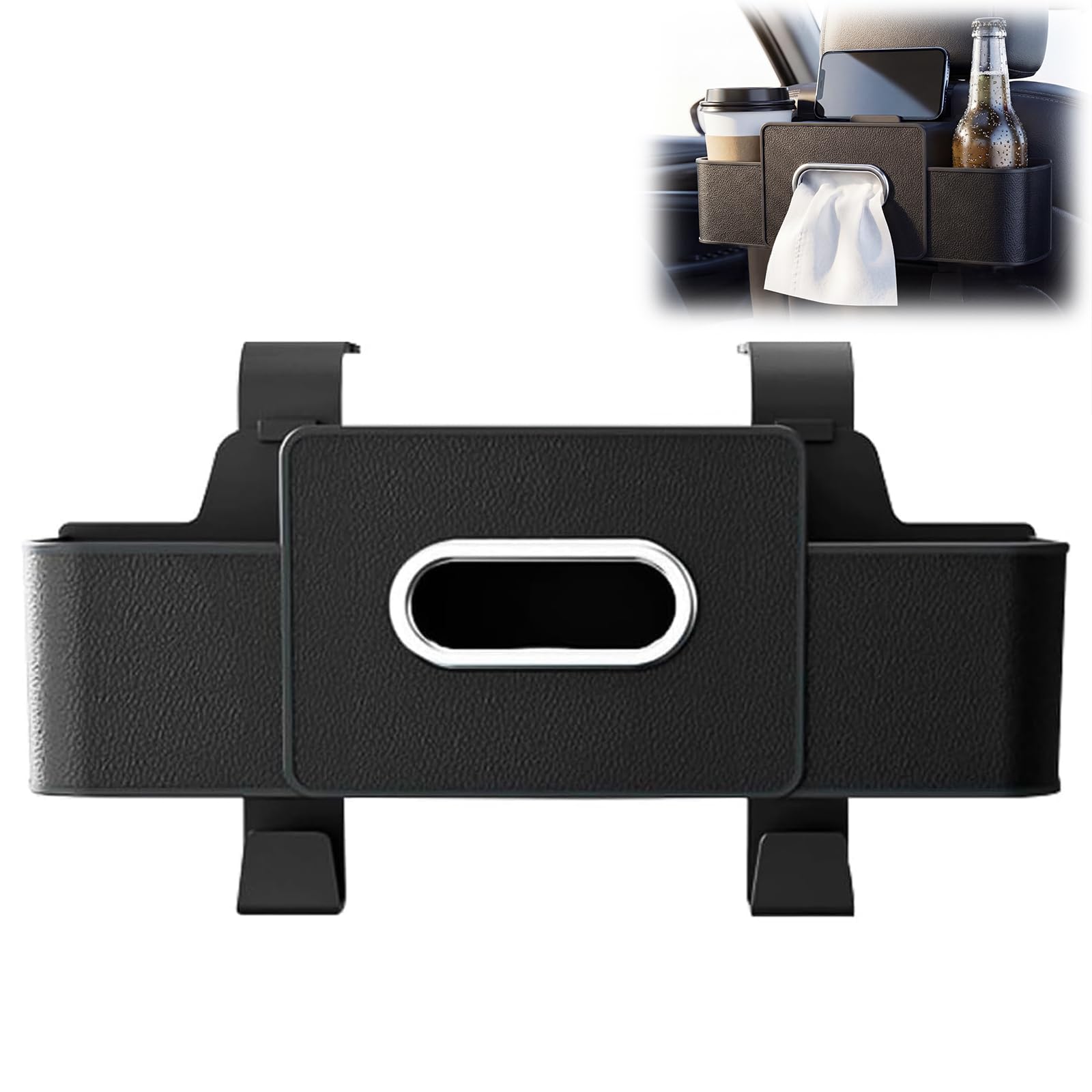 Photo 1 of 3-in-1 Car Backseat Organizer with Cup Holder, Tissue Box, Trash Bin & Hooks, Car Organizers and Storage Box Behind Seat, for Hold Phones, Snacks, Drinks, and Handbags (Black)