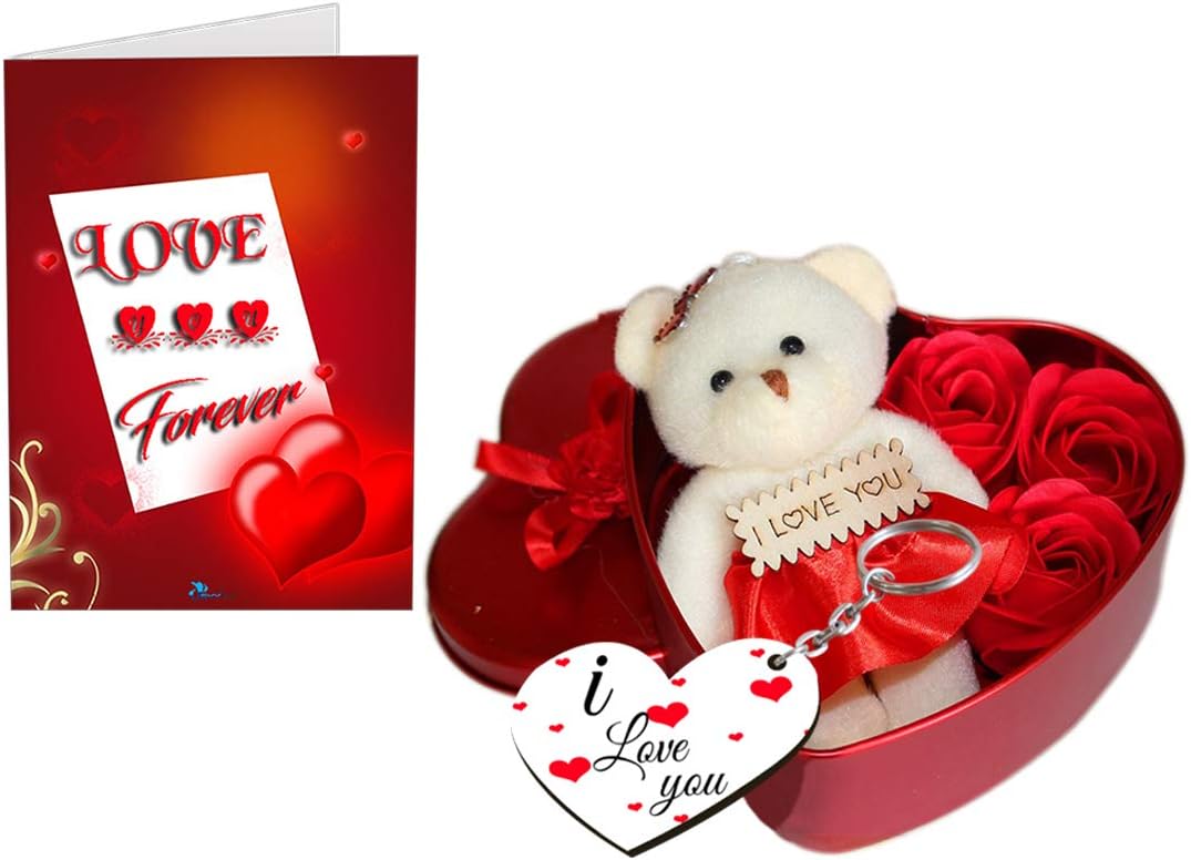 SKYTRENDS Artificial Flower, Heart Box with Teddy and Keychain with Box (Multicolour, 1 Teddy, 3 Rose Bud Soap, 1 Tin Box, 1 Key Chain) 1 Piece