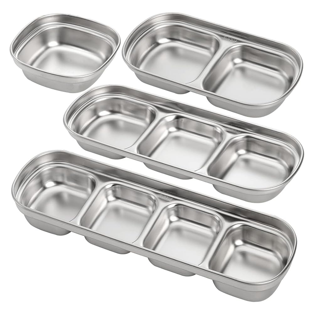 Fowecry 4 Pcs Stainless Steel Sauce Dish Divided Seasoning Soy Sauce Dipping Plate Ketchup Dipping Bowls Banchan Dishes,Silver