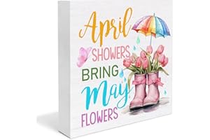 DUMYUM Spring Home Decor Spring Decorations April Showers Bring May Flowers Wooden Sign Decor for Desk Table Shelf Wall 5 x 5 Inches