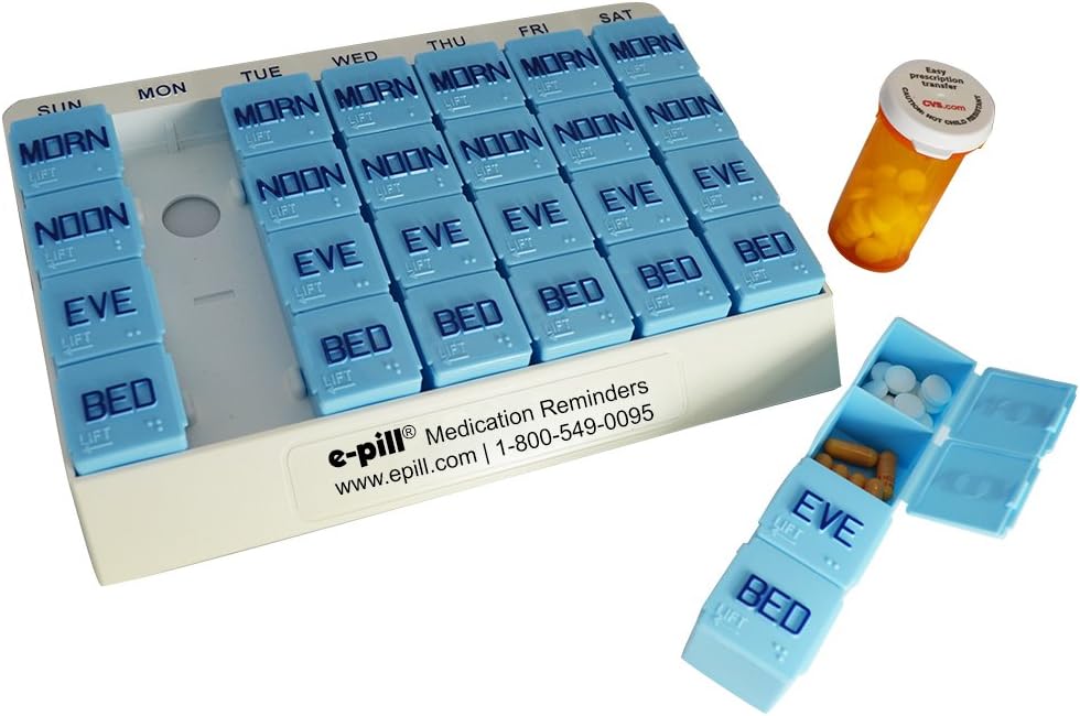 e-Pill 4 Alarm MedCenter Talk with 7 Day x 4 Compartments per Day Weekly Pill Organizer - Large: Health & Personal Care