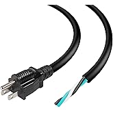 3FT 12AWG 3 Prong Heavy Duty Universal AC Appliance Replacement Power Cord with Pigtail Open Wiring End. SJTW 12Gauge 20Amp 3 Conductor Wire Extension Cable, Black