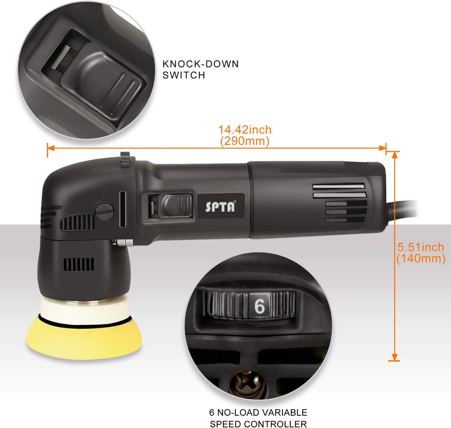 Polisher, SPTA Orbital Car Polisher 3 Inch 10mm/780W Variable Speed Orbit Dual Action Polisher Auto Detailing Tools Come with DA Polishing Pads+Sanding Discs+Pad Conditioning Brush+Car Scratch Remover: Automotive