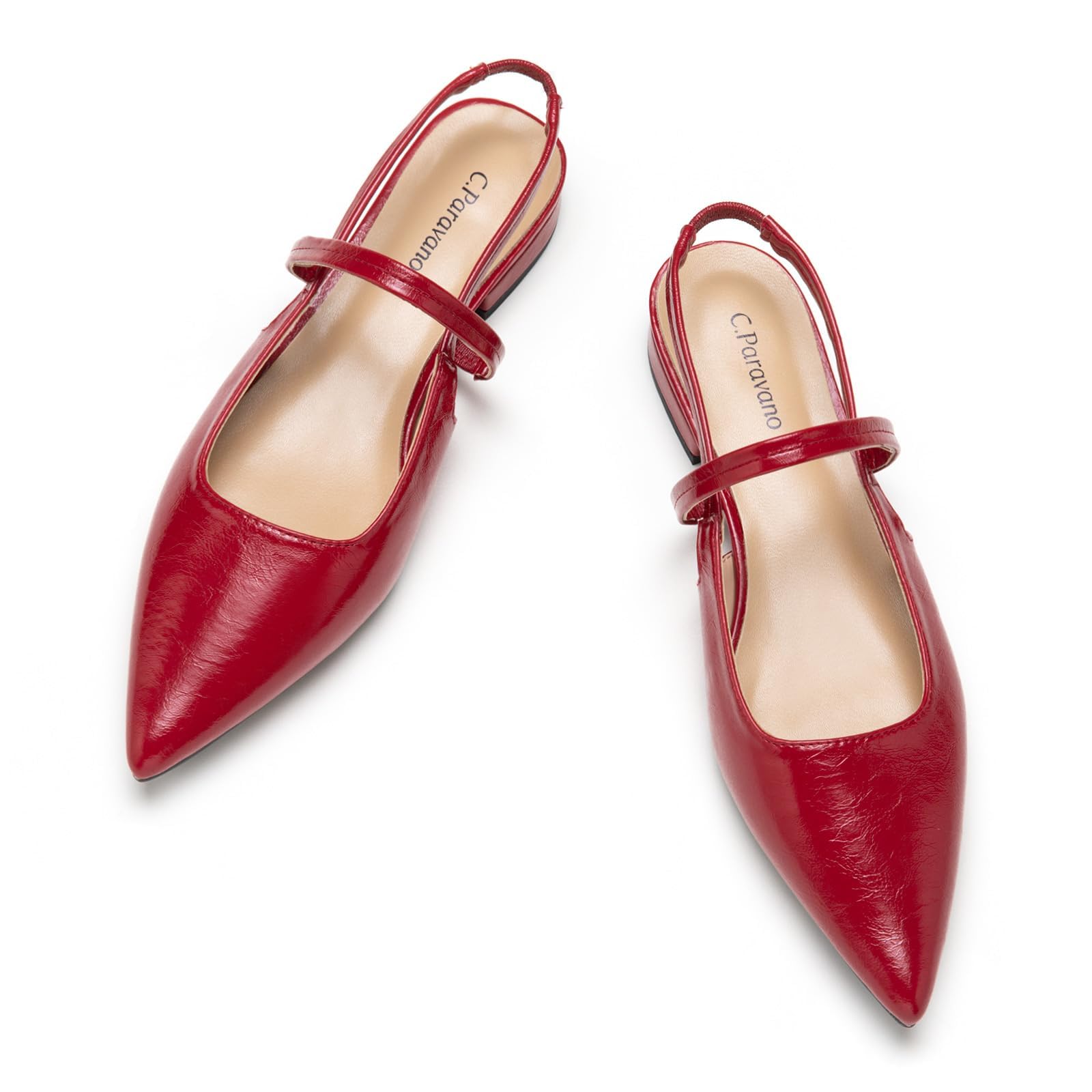 Photo 1 of C.Paravano Women's Slingback Flats Pointed Toe Kitten Heels Low Heel Pumps Ankle Strap Comfort for Office Casual Wear Leather Dress Shoes(Size 10.5,Red Flats)