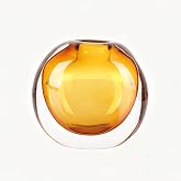 Hand Blown Glass Crystal Flower Vase，Amber | Decorative Art Centerpiece with Open Top for Flower Stems, Living Room, Dining Table, Shelf or Mantel, Home Decor Accent