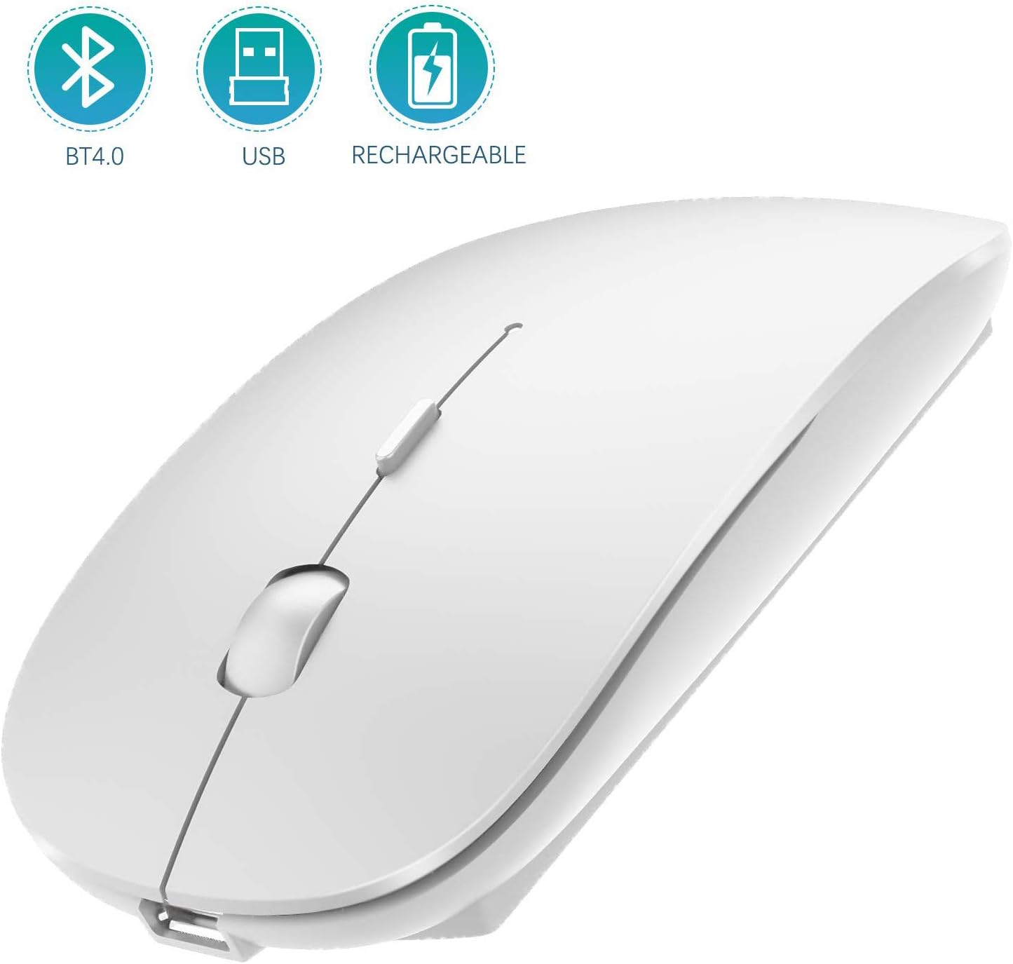 Bluetooth Wireless Mouse, Dual Mode Slim Rechargeable Wireless Mouse Silent Cordless Mouse with Bluetooth 4.0 and 2.4G Wireless, Compatible with Laptop, PC, Windows Mac Android OS Tablet (White)