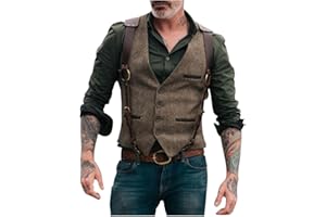 Burband Mens Wool Blend Herringbone Tweed Suede Leather Suit Vests Western Cowboy Slim Fit Grooms Dress Vest Waistcoats