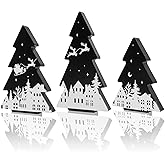 3 Pieces Christmas Tree Wooden Signs Black White Xmas Tiered Tray Decor for Christmas Home Tabletop Party Decor (Black)