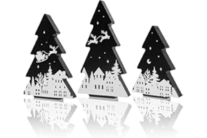 SERELIY 3 Pieces Christmas Tree Wooden Signs Black White Xmas Tiered Tray Decor for Christmas Home Tabletop Party Decor (Black)