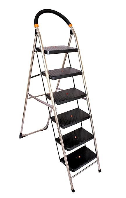 Parasnath S.S Steel Chrome-Milano Heavy Folding Ladder with Wide Steps Black Milano 6 Steps 6.1 Ft Ladder (Made in India)