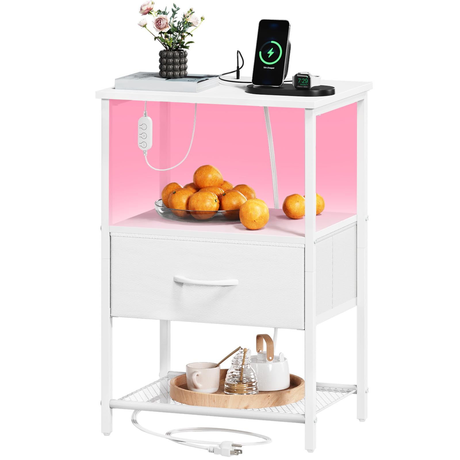 Photo 1 of **INCOMPLETE** Somdot Nightstand with Charging Station and LED Light for Bedroom, Bedside Table End Table for Dorm Guest Room Bedside Kids Laundry Closet Entryway Hallway, White Leather