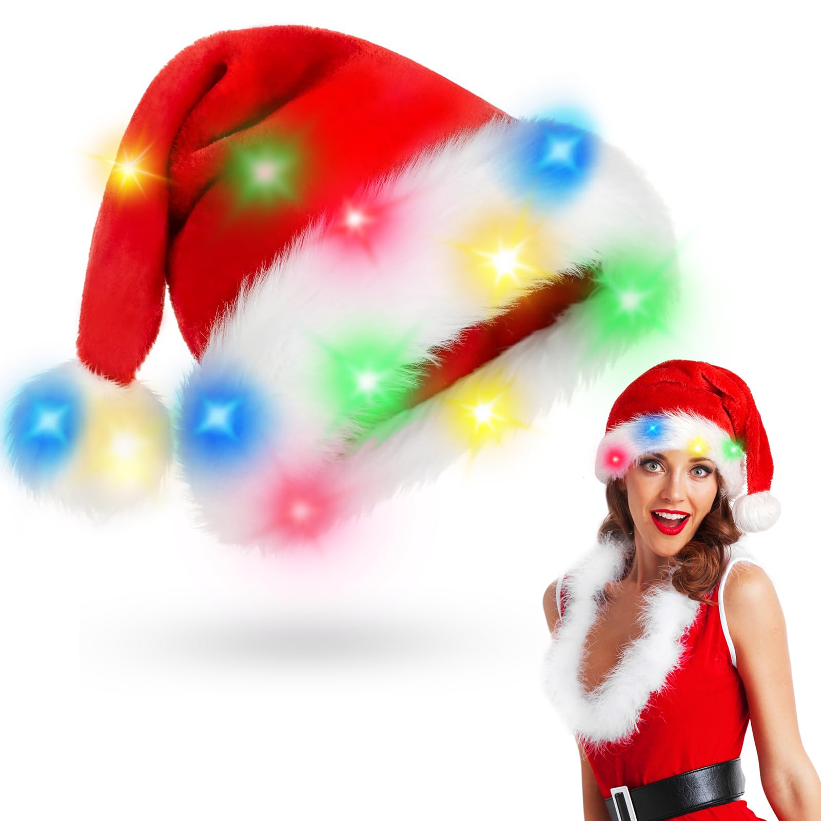 BOSONER Lighting Christmas Hats Santa Hat Xmas Hat Holiday for Adults Velvet Comfort Christmas Party Hat Thicken -Christmas Gifts New Year Festive Holiday Gifts for Men Wowen — image 1