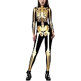CUEPANDA Womens Halloween Costumes Skeleton Costume Jumpsuit Long Sleeve Skinny 3D Print Skull Bodysuit Cosplay Outfit