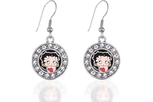 Betty Boop Circle Charm Earrings French Hook Clear Crystal Rhinestones