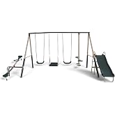 XDP Recreation Crestview Metal Swing Set with 2 Swings &amp; Slide, Green/Tan | Includes Stand N Swing, Fun Glider &amp; See Saw for Backyard Activity, Family Time, Exercise, Active Movement &amp; Group Play